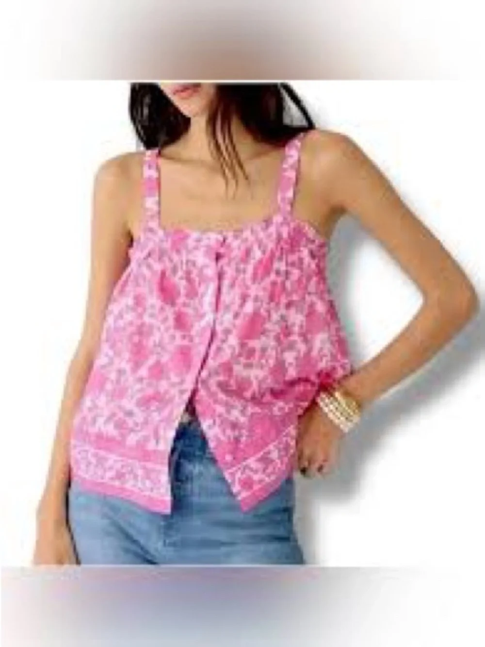 J.Crew Pink Rosebud Floral Smocked Tank Top Medium Button Front Cottagecore Boho